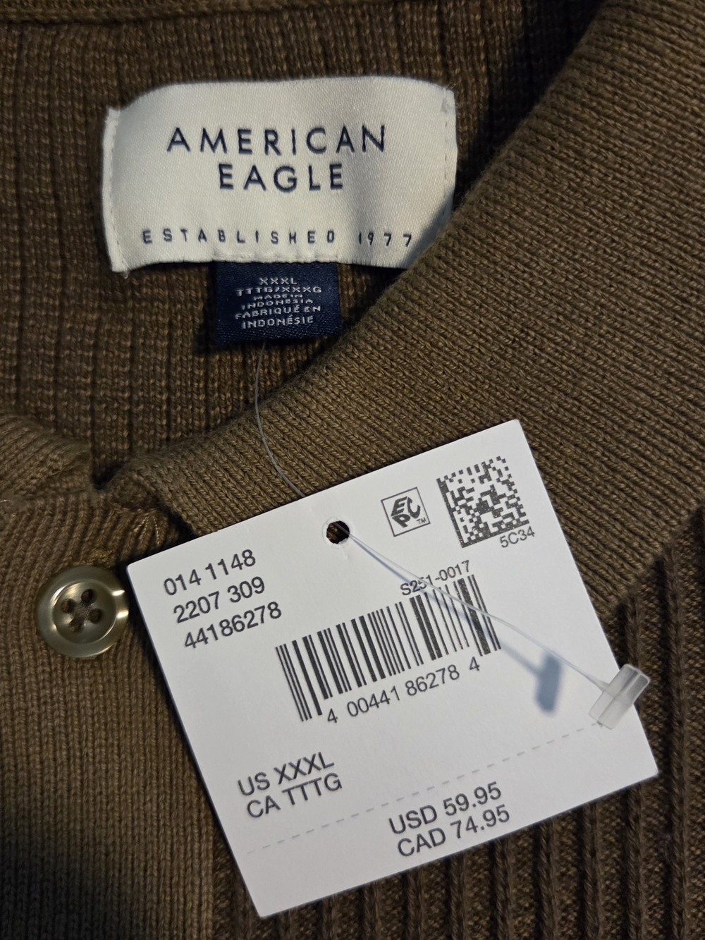 American Eagle Outfitters Men's Olive-Brown Ribbed Zip Cardigan